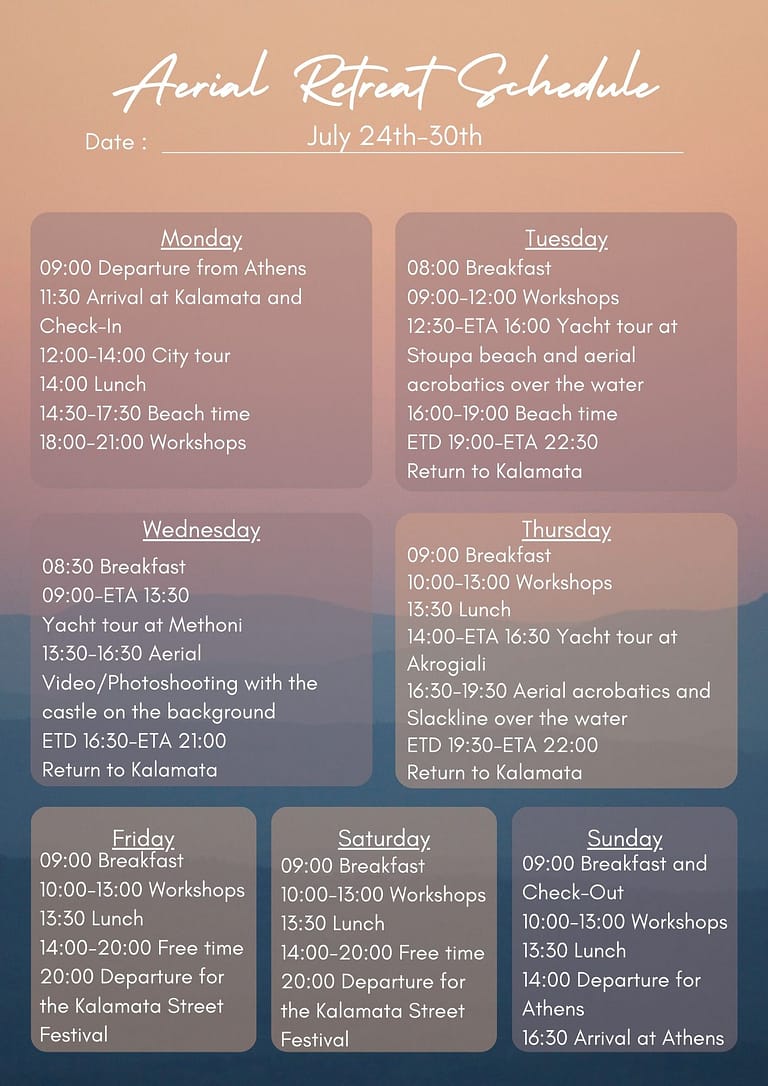 Description of the schedule of the Kalamata Aerial Retreat